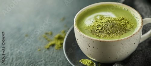 Close-up of a cup of matcha latte with matcha powder sprinkled on top.