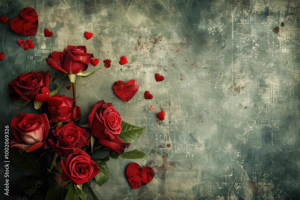 Rustic red roses and heart decorations on a vintage textured background for a timeless romantic Valentine's Day theme Rustic red roses and heart decorations on a vintage textured background for a timeless romantic Valentine's Day theme