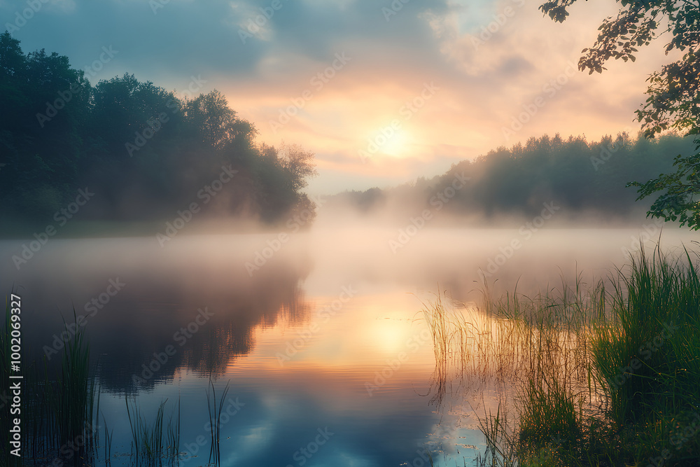 Misty morning scene of Lacu Rosu lake. Foggy summer sunrise Misty morning scene of Lacu Rosu lake. Foggy summer sunrise