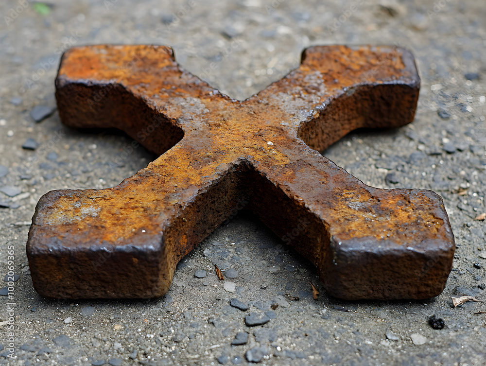 Rusty Metal Cross with Grunge Texture in Urban Outdoor Setting Rusty Metal Cross with Grunge Texture in Urban Outdoor Setting