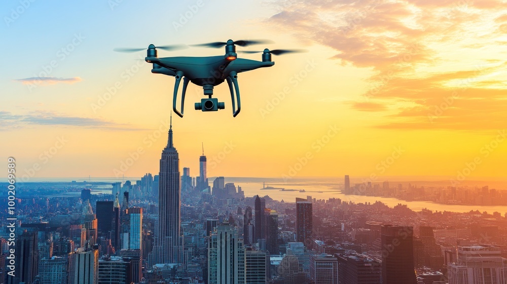 A drone flying over a cityscape at sunset, capturing aerial views of skyscrapers. A drone flying over a cityscape at sunset, capturing aerial views of skyscrapers.