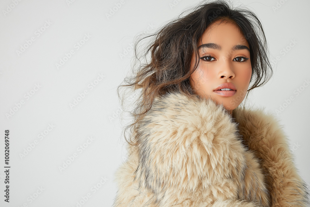 Young Woman in Fluffy Beige Fur Coat with Windswept Hair, Fashion Portrait Against Minimal Background Young Woman in Fluffy Beige Fur Coat with Windswept Hair, Fashion Portrait Against Minimal Background