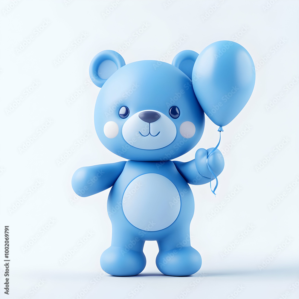 Naklejka premium Cute blue teddy bear holding a balloon, perfect for children's themes and playful concepts, white isolated background.