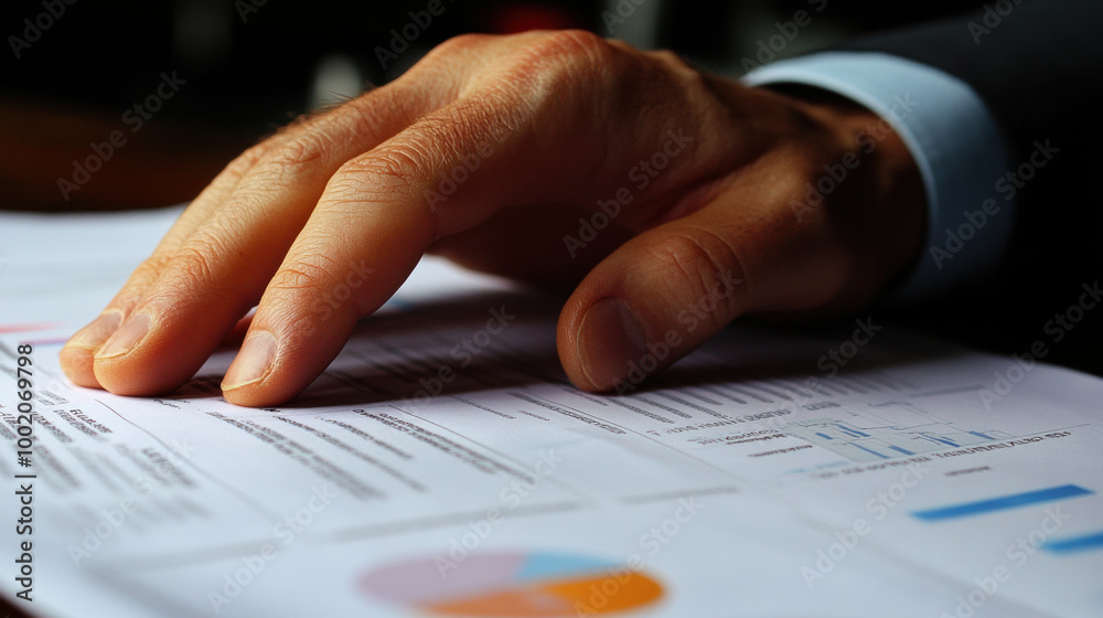 hand resting on printed business proposal, showcasing detailed graphs and data analysis. image conveys sense of professionalism and focus in corporate environment hand resting on printed business proposal, showcasing detailed graphs and data analysis. image conveys sense of professionalism and focus in corporate environment