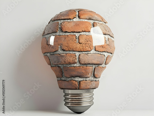 A unique light bulb shaped like a brick structure, emphasizing creativity and innovation against a minimalistic backdrop. photo