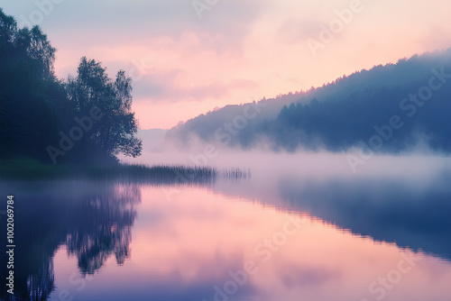 Misty morning scene of Lacu Rosu lake. Foggy summer sunrise