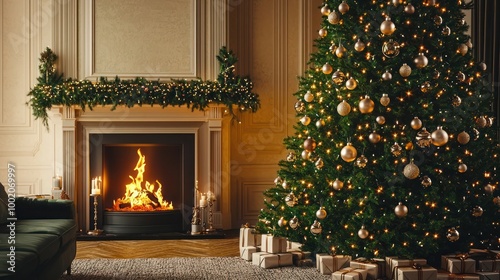 Festive and stylish living room interior with a fireplace and a Christmas tree adorned with elegant ornaments and twinkling lights