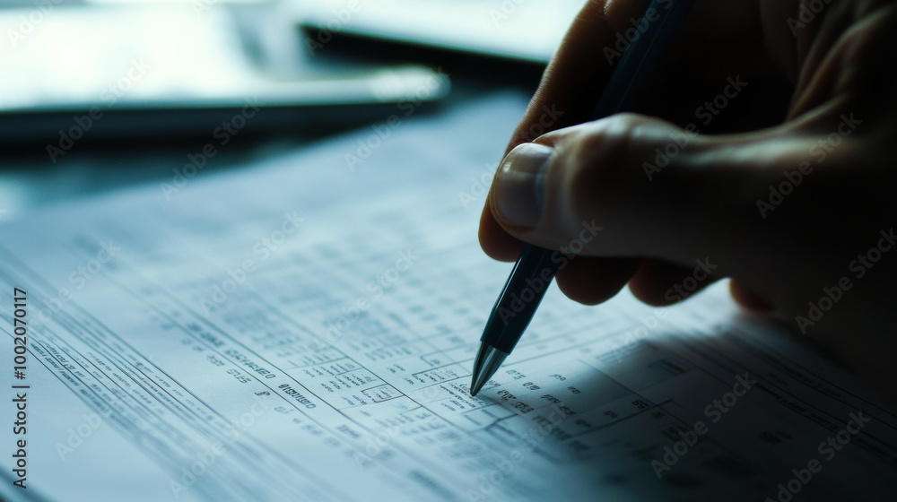 Close up of consultants hand holding pen, circling numbers on document, showcasing attention to detail and analysis in professional setting Close up of consultants hand holding pen, circling numbers on document, showcasing attention to detail and analysis in professional setting