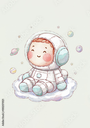 Adorable Baby Astronaut Sitting on a Cloud Surrounded by Planets