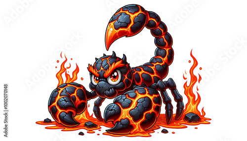 Scorpion monster character, made from lava, ready to attack, in cartoon style, isolated white background photo