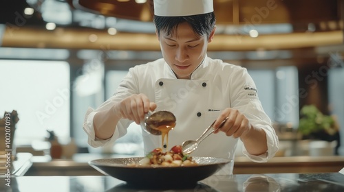 A chef in a white uniform pours sauce over a dish in a professional kitchen. photo