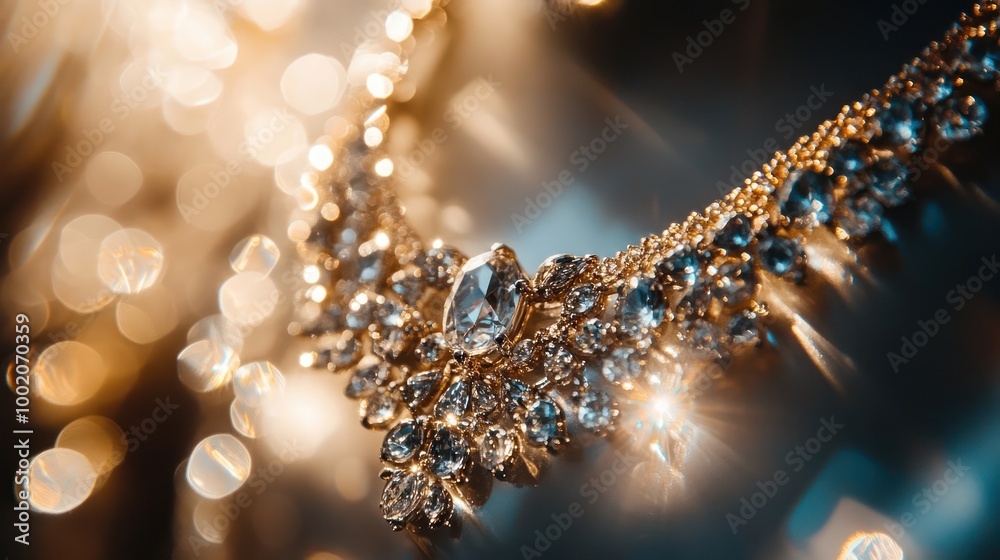 A close up of a diamond necklace with a large, sparkling center stone. A close up of a diamond necklace with a large, sparkling center stone.