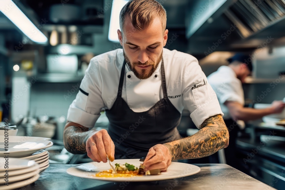 A chef with tattoos plating a dish in a restaurant kitchen. A chef with tattoos plating a dish in a restaurant kitchen.