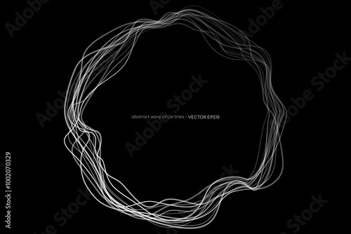 Abstract circle lines wavy frame white isolated on black background. Vector in concept technology, science, music, modern