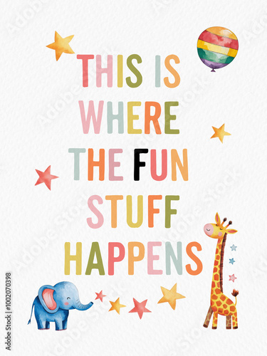 Inspired Saying - This is Where the Fun Stuff Happens. Playful Nursery Wall Art with Kids Playroom. 