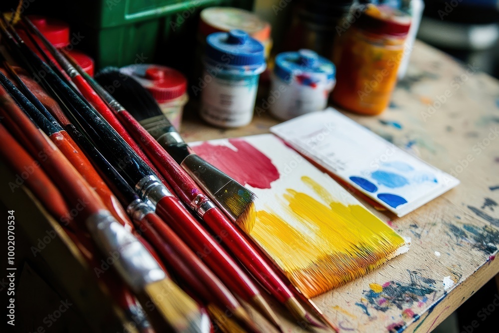 A close up of paint brushes on a table with paint and paint pots, showing color samples. A close up of paint brushes on a table with paint and paint pots, showing color samples.