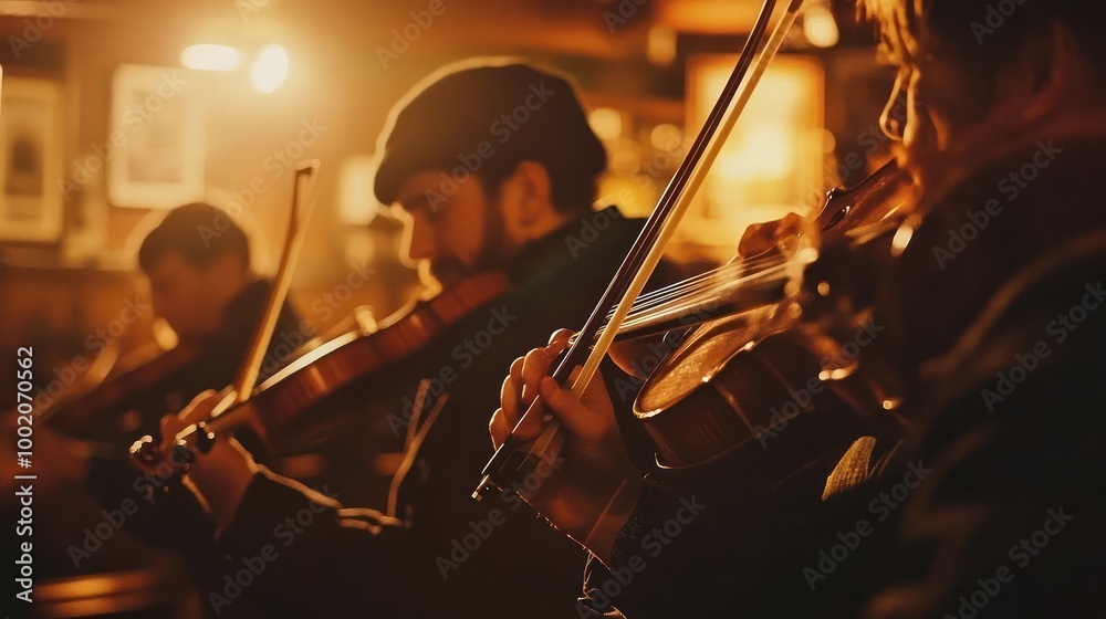 Fototapeta premium A close up shot of a violinist's hand playing a violin. The violinist is wearing a black sweater and has a beard. The violin is brown and has a white bow.