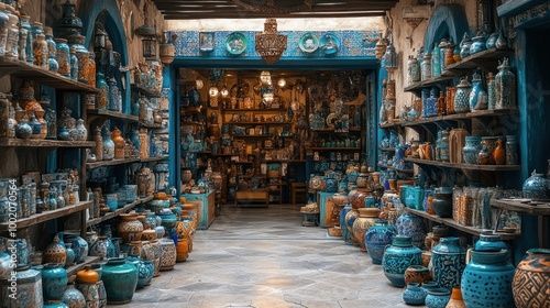 A narrow, cobblestone alleyway lined with shelves filled with blue and brown ceramic pottery.