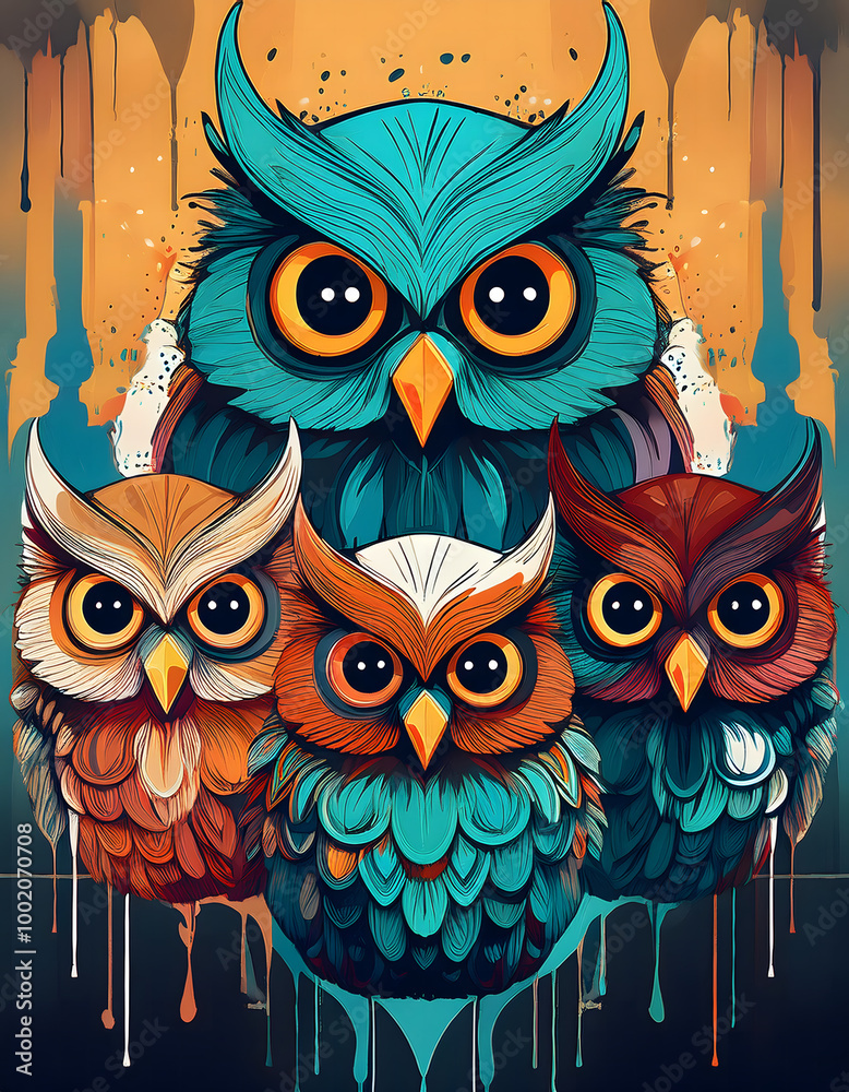 Obraz premium Vibrant Stylized Owls Illustration