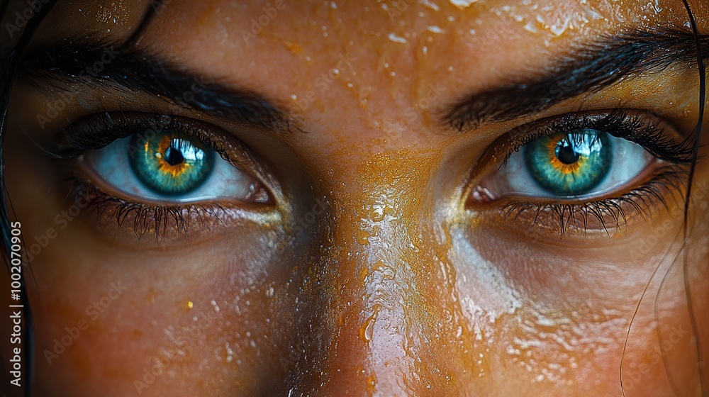 Close Up of Woman's Eyes with Golden Makeup and Water Droplets Close Up of Woman's Eyes with Golden Makeup and Water Droplets