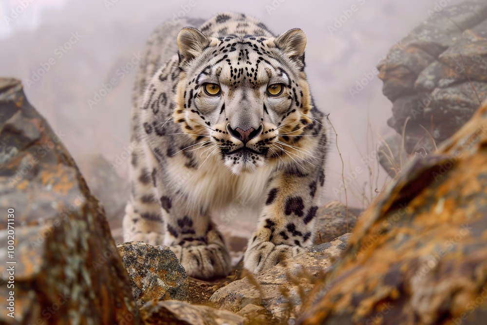 Obraz premium a snow leopard's gaze is intense as it navigates the rugged landscape. This image captures the essence of survival and the raw beauty of this endangered species in its frigid home.