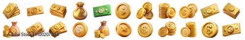 A 3D set of digital cryptocurrency icons, including golden dollar coins, bags of money, and packs of bills, perfect for modern presentations or websites.
