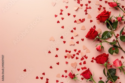 Romantic red roses and heart-shaped decorations on a soft pink background for a Valentine's Day theme