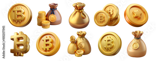 A 3D set of digital cryptocurrency icons, including golden Bitcoin coins, bags of money, and packs of bills, perfect for modern presentations or websites.