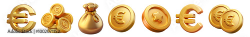 A 3D set of digital cryptocurrency icons, including golden euro coins, bags of money, and packs of bills, perfect for modern presentations or websites.