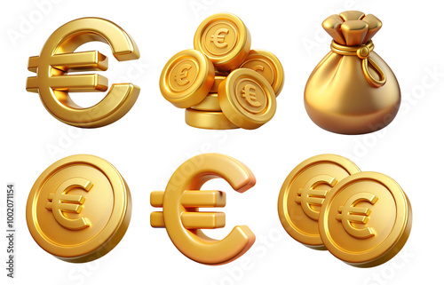 A set of 3D Euro coins and bills, including a bag of money and various icons, ideal for finance and investment presentations, showcasing wealth and prosperity in a modern design.