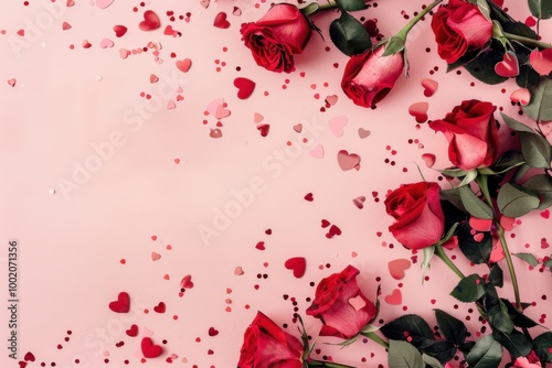 Romantic red roses and heart-shaped decorations on a soft pink background for a Valentine's Day theme
