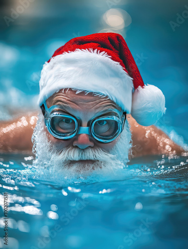 Santa Claus Swimming in a Pool