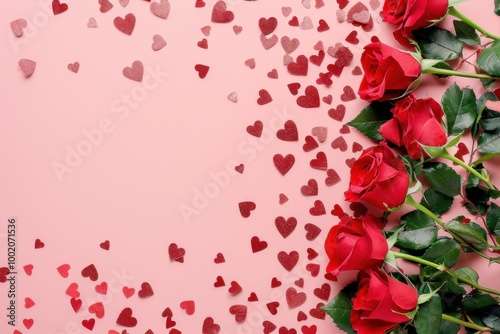 Romantic red roses and heart-shaped decorations on a soft pink background for a Valentine's Day theme