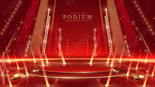 Golden empty podium on red background with neon light effects and bokeh decorations. Luxury scene design concept ideal for product display. Vector illustration.