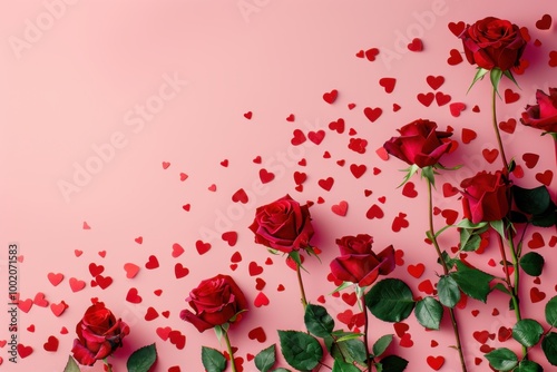 Romantic red roses and heart-shaped decorations on a soft pink background for a Valentine's Day theme