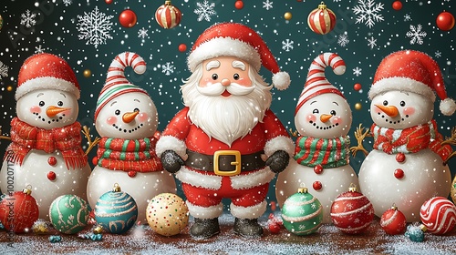 Seamless pattern featuring Santa Claus, snowmen, candy canes, and festive ornaments, cute cartoon style, bright reds and greens, soft shading, playful expressions,