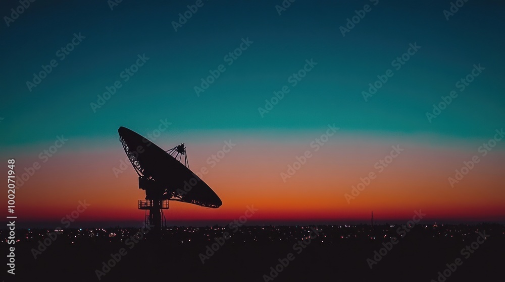 Silhouette of a satellite dish against a colorful sunset sky. Silhouette of a satellite dish against a colorful sunset sky.