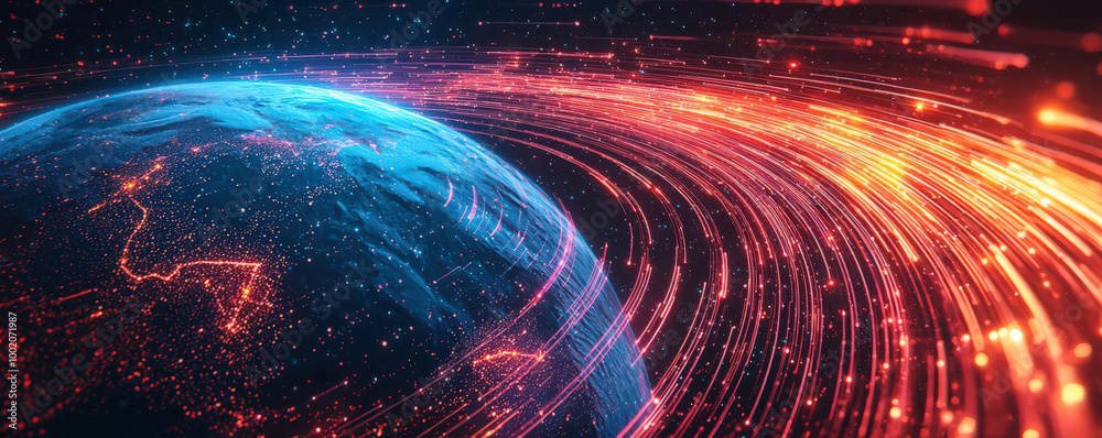 Obraz premium abstract representation of globe with vibrant light trails, symbolizing global connectivity and technology. image evokes sense of movement and energy