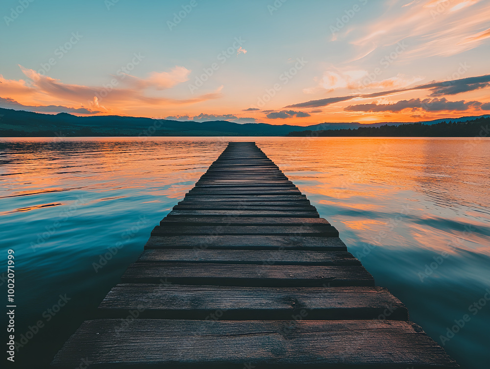Wooden Dock Leading to a Tranquil Lake at Sunset Wooden Dock Leading to a Tranquil Lake at Sunset