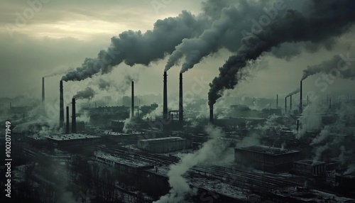 Industrial pollution. Factory chimneys. Environmental damage. Industrial landscape with heavy air pollution.