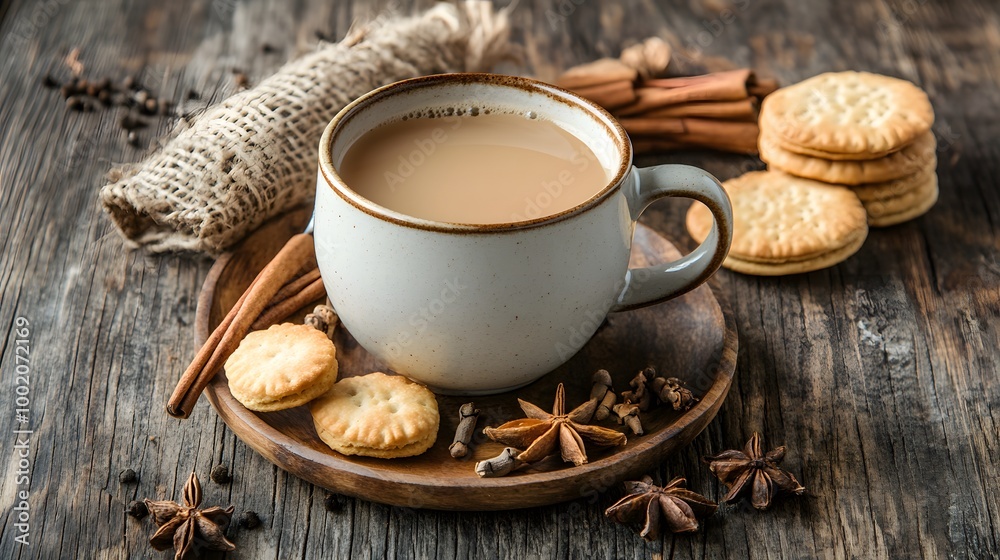 A cup of masala chai with spices and biscuits on a rustic wooden table A cup of masala chai with spices and biscuits on a rustic wooden table
