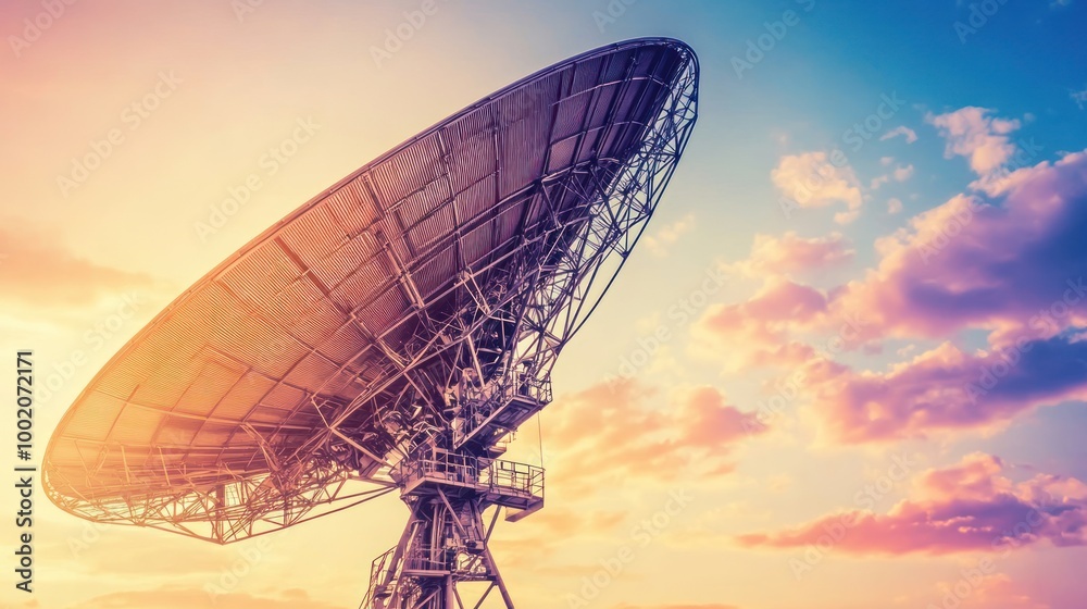 A large satellite dish against a colorful sunset sky. A large satellite dish against a colorful sunset sky.