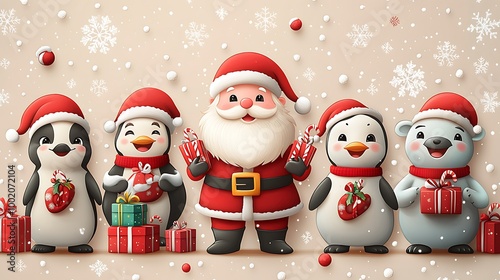 Seamless pattern of Santa Claus and cute animals like penguins and polar bears, wearing Christmas hats, holding presents and candy canes, snowflakes floating, festive colors, joyful expressions,
