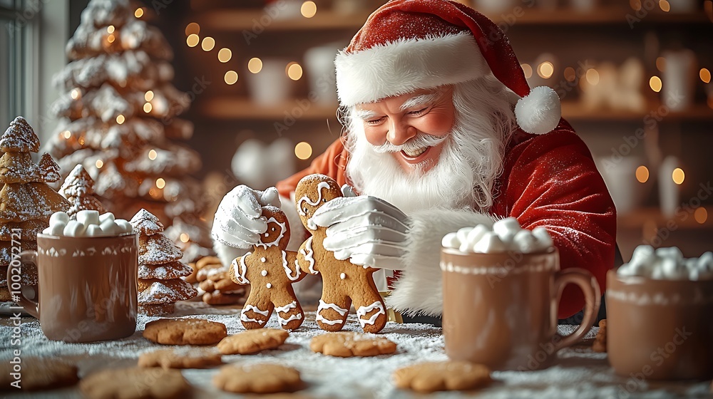 A cheerful Santa Claus decorating gingerbread men with icing, surrounded by cookies and mugs of hot cocoa with marshmallows, cute cartoon style, soft pastel colors, joyful holiday expressions, A cheerful Santa Claus decorating gingerbread men with icing, surrounded by cookies and mugs of hot cocoa with marshmallows, cute cartoon style, soft pastel colors, joyful holiday expressions,
