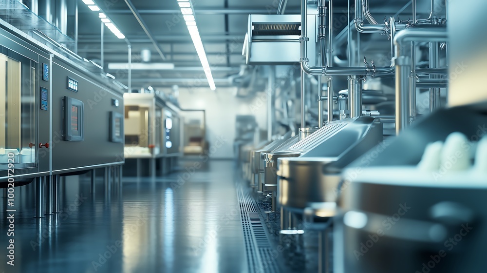 A modern dairy processing plant producing milk and cheese with automated systems, dairy production process, food manufacturing. A modern dairy processing plant producing milk and cheese with automated systems, dairy production process, food manufacturing.