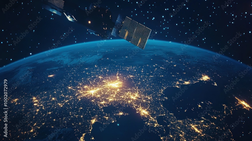 A satellite orbits Earth, showcasing the illuminated cities of Europe at night. A satellite orbits Earth, showcasing the illuminated cities of Europe at night.