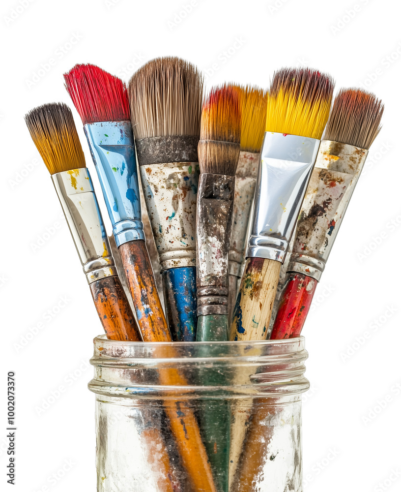 Fototapeta premium Set of colorful artist paint brushes in glass jar isolated on white transparent background 