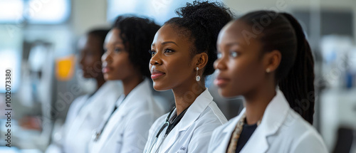 Empowered group of African women doctors in white coats, showcasing professionalism and dedication in medical setting. Their expressions reflect confidence and commitment to healthcare