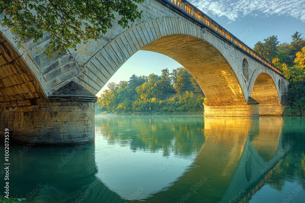 Fototapeta premium A serene landscape featuring a stone bridge arching over calm water, reflecting nature's beauty in the early morning light.