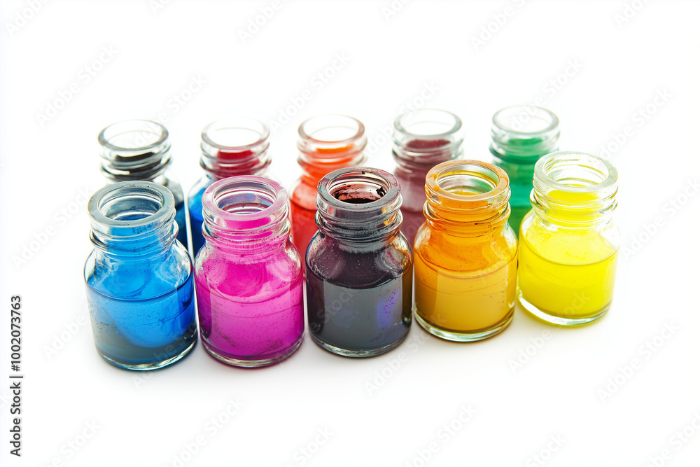 A Set of Colored Inks in Glass Jars: Vibrant Hues for Creative Art Projects A Set of Colored Inks in Glass Jars: Vibrant Hues for Creative Art Projects